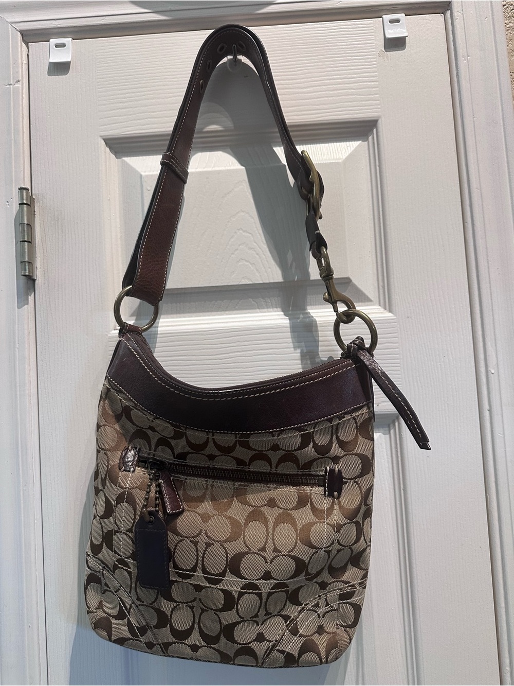 Coach Vintage Signature Canvas Convertible  Shoulder Bag in Beige and Dark Brown